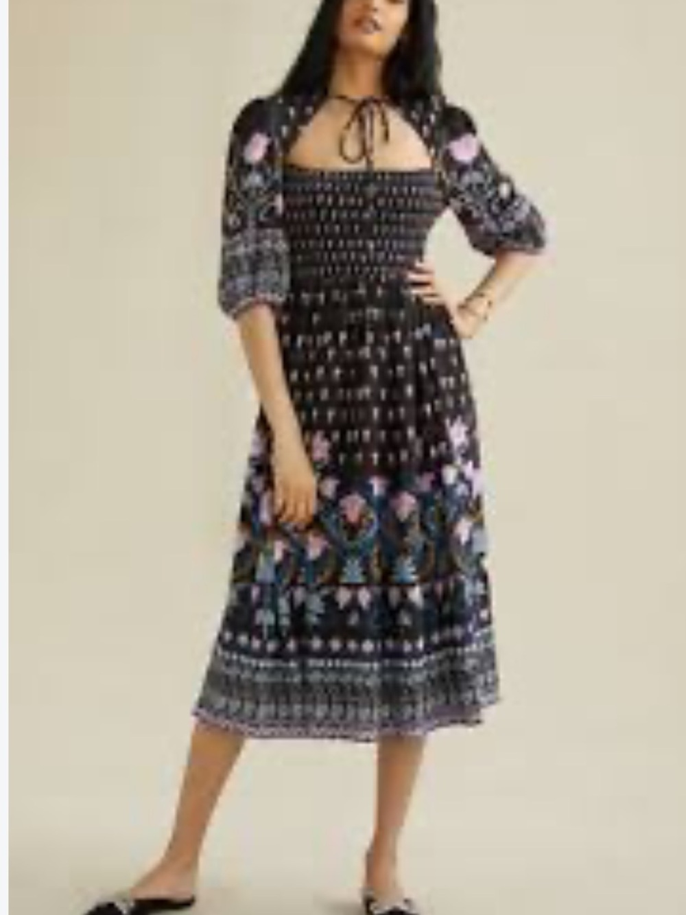 Anthropologie Black Floral Midi Dress with Smocked Bodice and Keyhole Back